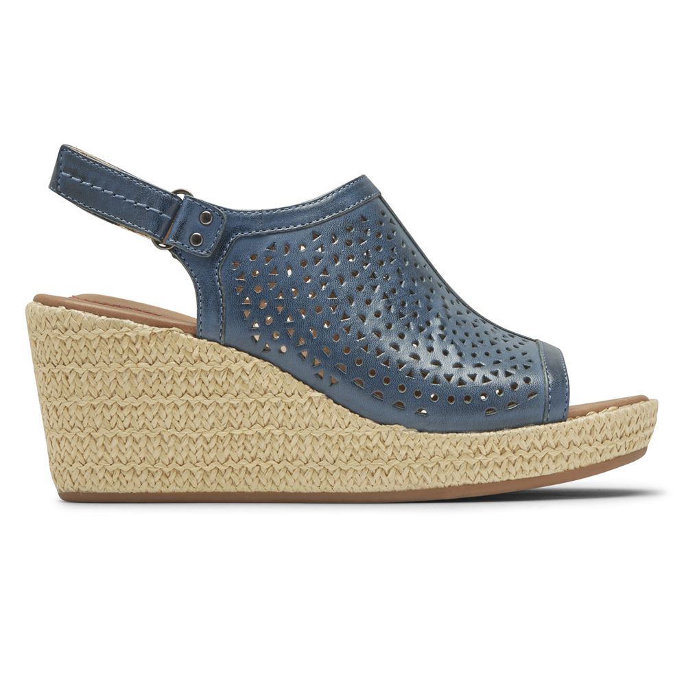 Rockport Women's Cobb Hill Erika Perforated Wedges Sandals - Blue - USA (1450YRDXQ)